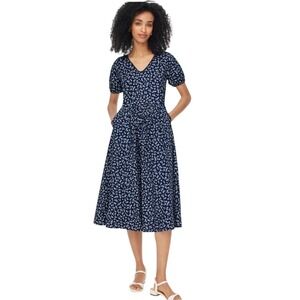J.Crew Floral Midi Dress Womens 00P Navy Blue Petite Puff Sleeve V-Neck Pockets